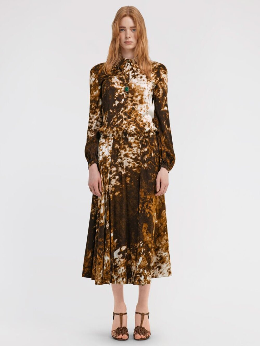 Roberto Cavalli Brown and Cream Long Sleeve Printed Midi Dress